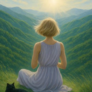 Puede incluir: Pintura al óleo de una persona con pelo rubio corto, vestida con un vestido azul claro, sentada en una colina cubierta de hierba, frente al sol. Un gato negro descansa cerca. Montañas verdes exuberantes llenan el fondo bajo un cielo azul.
