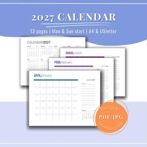 Calendrier minimaliste 2027 | Agenda mensuel imprimable PDF | Calendrier mural simple | Design moderne | Phases de la lune | Début le dimanche et le lundi