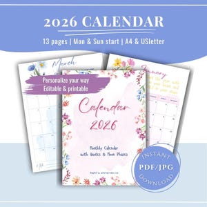 Può includere: Calendario 2026 a tema floreale con il testo "2026 CALENDAR" e "Monthly Calendar with Quotes & Moon Phases". Disponibile nei formati A4 e US Letter, con 13 pagine e inizio lunedì e domenica. Download istantaneo PDF/JPG.