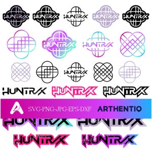May include: A collection of "HUNTRAX" logos in various designs and colors, including black, white, and gradient hues. The logos feature geometric shapes and stylized text. A banner at the bottom displays "SVG-PNG-JPG-EPS-DXF ARTHENTIQ".