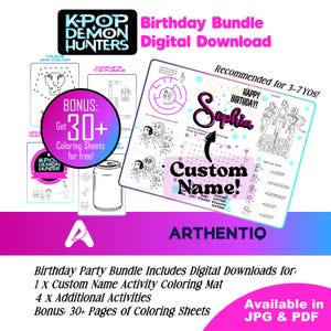 Può includere: Un pacchetto digitale scaricabile per feste di compleanno con un tappetino da colorare con nome personalizzato, attività aggiuntive e oltre 30 fogli da colorare. Il design presenta il testo "K-Pop Demon Hunters" e "Sophia". Disponibile in JPG e PDF.