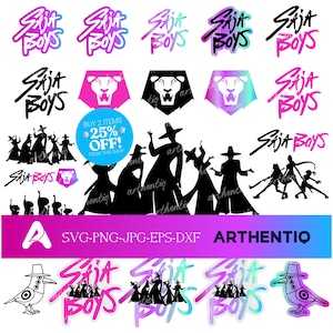 May include: A collection of digital art elements, including the text "SAJA BOYS" in various colors and styles. Silhouettes of figures in hats and a lion's head are also featured. The image includes the text "BUY 2 ITEMS 25% OFF!"
