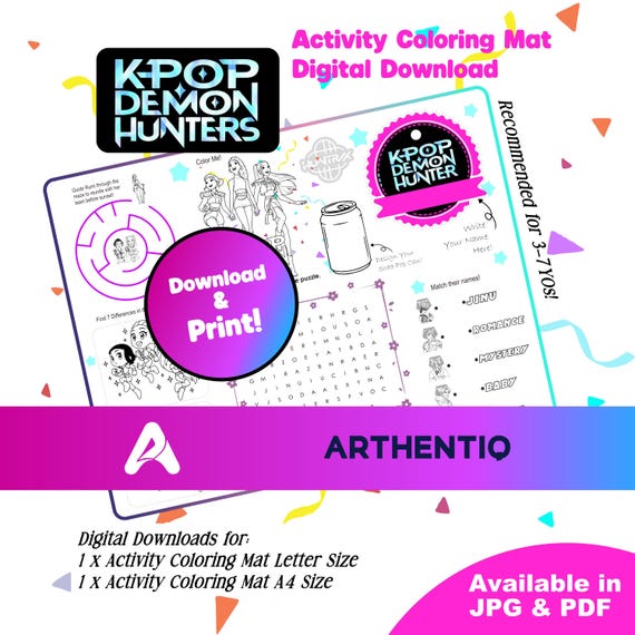 Kpop Demon Hunters Kids Activity Mat | Huntrix Kpop Games | Saja Boys Birthday | Instant Download