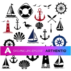 Op de afbeelding: Een verzameling nautische vectorafbeeldingen in zwart, wit en rood. Bevat zeilboten, ankers, een reddingsboei, een vuurtoren, schelpen, een eend, een scheepsstuur en zeemeeuwen. De tekst "SVG-PNG-JPG-EPS-DXF ARTHENTIQ" wordt op een banner weergegeven.