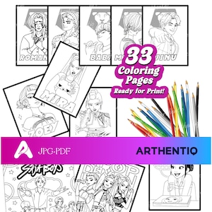 Puede incluir: Una colección de 33 páginas para colorear, listas para imprimir, con varias ilustraciones de personajes. Las páginas incluyen los nombres "Roman", "Mira", "Zoey" y "Jinu". La imagen también incluye el texto "JPG-PDF" y la marca "ARTHENTIQ".