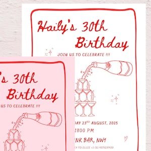 Invitación de cumpleaños número 30 en rosa y rojo dibujada a mano / Invitación de plantilla de cumpleaños, invitación digital, invitación de cumpleaños editable para ella