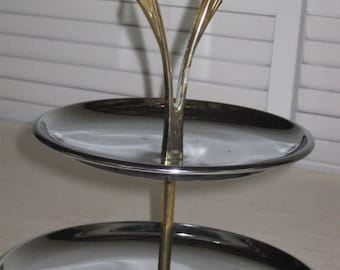 vintage Kromex Metal Two Tiered Serving Platter with Handle - buffet server