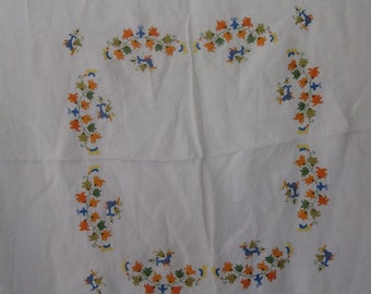 vintage Ecru Linen Tablecloth and Napkins Set - Hand Embroidered with Stylized Birds and Flowers