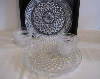 vintage Pressed Glass Luncheon Plate set in Overall Diamond Pattern 2 sets