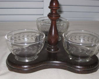 vintage Wood and Etched Glass Condiment Server or Repurposed Desk Caddy shabby chic - granny chic