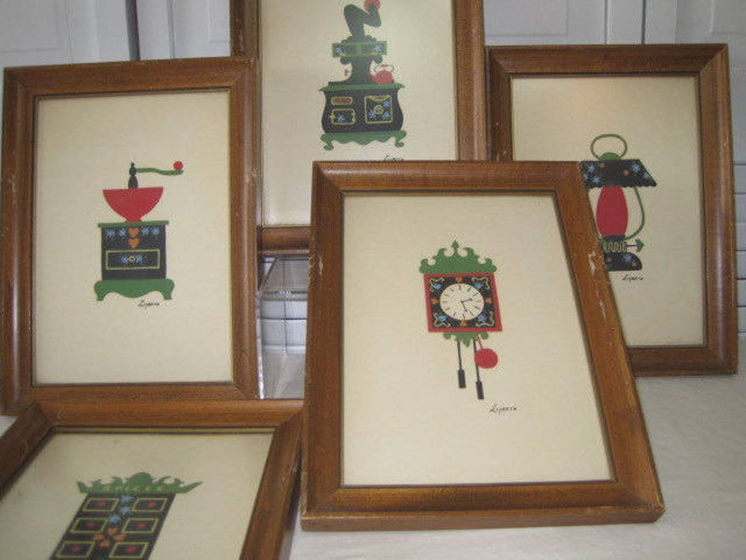 Vintage Maple Framed Kitchenware Wall Art Set of 5 Maple Framed Wall