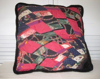 vintage Victorian Crazy Quilt Pillow - Black Velvet pillow with multi colored satin fabrics