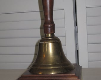 vintage Brass School Bell with Wood Handle and wood base - school bell - brass bell - teachers gift - dinner bell