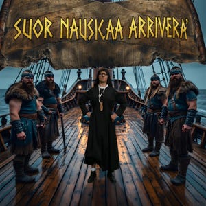 Puede incluir: Un grupo de personas vestidas con atuendos vikingos y una persona con un vestido negro y gafas están de pie en la cubierta de madera de un barco. Una pancarta encima dice "SUOR NAUSKAA ARRIVERA" en letras doradas. La escena se desarrolla contra un cielo nublado y el océano.