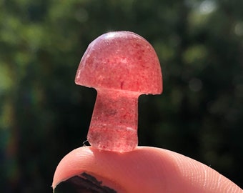 One Small Strawberry Quartz Mushroom Pendant with Hole   Sparkly Red  Fungi Crystal Carving