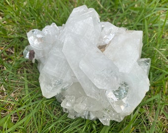 Apophyllite Crystal Cluster on Calcite from India, Large, Lustrous, Pointed Apophyllite Cluster, Mirror