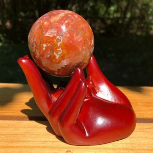 One IMPERFECT Wooden Hand Sphere Holder   Lucky Pig in Hand Sphere Stand Egg Holder Rose Wood Red Unique Sphere Ball Stand Display