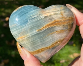 3.1" Lemurian Blue Calcite Heart, Aquatine Lemurian Calcite, Blue Onyx from Argentina, Large Blue Crystal Heart, Gemstone Heart #5