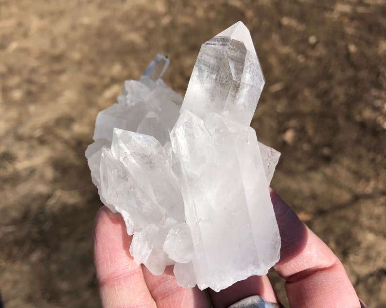 May include: A cluster of clear quartz crystals with a pointed shape. The crystals are arranged in a cluster, with the largest crystal in the center.