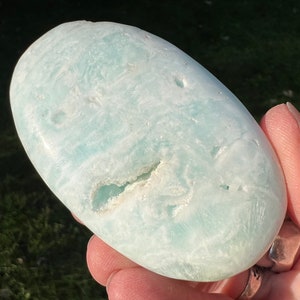 2.7&quot; Blue Aragonite Palm Stone #14 Small Aqua Blue Banded Caribbean Calcite Crystal, Oval Gemstone Worry Stone, Smooth Fidget, Gift for Her