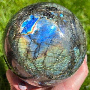 Esfera grande de labradorita de 4,3&quot;, labradorita arcoíris, bola de cristal de labradorita azul, labradorita llamativa, esfera de piedra preciosa, regalo de decoración para el hogar n.° 4