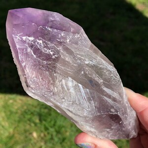 5.2&quot; Bahia Smoky Amethyst Crystal Point #7 Tomahawk Elestial Wand Semi Polished Termination and Rough Sides Large Amethyst Wand