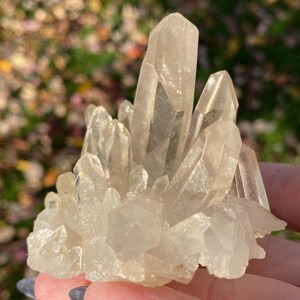 Puede incluir: Un c&uacute;mulo de cristales de cuarzo transparentes de diferentes tama&ntilde;os y formas. Los cristales est&aacute;n dispuestos en un c&uacute;mulo, con algunos apuntando hacia arriba y otros hacia abajo. Los cristales son transl&uacute;cidos y tienen un ligero brillo.