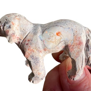 Opal Dog Carving, Mexican Fire Opal in Matrix, Hand Carved Gemstone Dog Figurine, Dog Crystal Carving, Dog Lover Gift, Flashy Opal, Rainbow