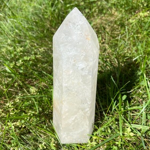 9.5&quot; Large Quartz Tower with Rainbows, Clear Polished Crystal Point, Home Decor, Red Hematite, Big Statement Piece, Gemstone  L2