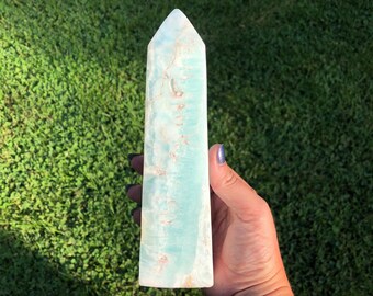 7.8" Caribbean Calcite Crystal Tower #14 Large Banded Blue Aragonite Point, Self Standing Polished Gemstone Decor , Beach House