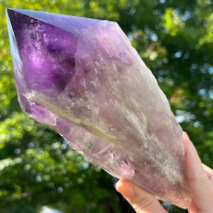 9&quot; Bahia Smoky Amethyst Crystal Point #3 Large Polished Termination and Raw Sides Big Amethyst Wand, Bright Purple, February Birthstone Gift