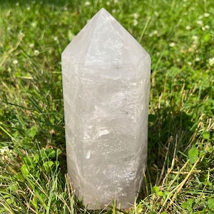 9&quot; Large Clear Quartz Tower with Rainbows, Druzy Pockets, Polished Point L3