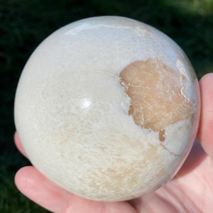 3.1&quot; Scolecite and Stilbite Sphere, Large Polished Crystal Ball, Peach Pink Stilbite, Chatoyant Scolecite, Housewarming Gift for Her #1