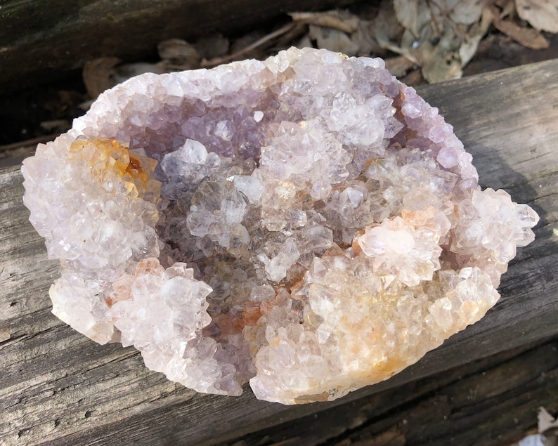 K&ouml;nnte beinhalten: Eine gro&szlig;e Amethyst-Geode mit einem Cluster aus klaren Quarzkristallen. Die Geode ist teilweise ge&ouml;ffnet und zeigt die Amethystkristalle im Inneren. Die Geode liegt auf einem St&uuml;ck verwittertem Holz.
