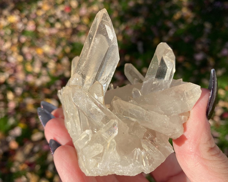 Puede incluir: Un c&uacute;mulo de cristales de cuarzo transparentes de diferentes tama&ntilde;os y formas. Los cristales est&aacute;n dispuestos en un patr&oacute;n natural y org&aacute;nico, creando una hermosa y &uacute;nica exhibici&oacute;n.