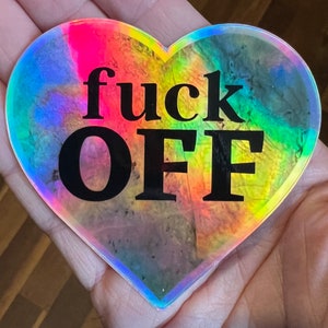 3 "fuck OFF Labradorit Herz Vinyl Aufkleber, holographische Regenbogen Kristall Aufkleber, Laptop Wasserflasche Stoßstange Geschenk für Erwachsene Lustig schwören, Geh weg