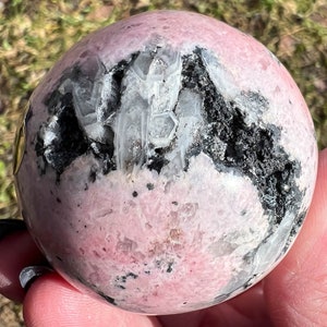 2.1&quot; Rhodochrosite Sphere with Quartz Pocket, Pyrite Manganese, Large Banded Pink Crystal Ball, Polished Stone, Birthday Gift for Her #2