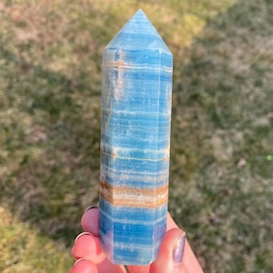 4.3&quot; Blue Aquatine Lemurian Calcite Tower #1 Deep Blue Onyx Crystal Point from Argentina, Self Standing Polished Tower