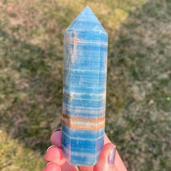 4.3" Blue Aquatine Lemurian Calcite Tower #1 Deep Blue Onyx Crystal Point from Argentina, Self Standing Polished Tower