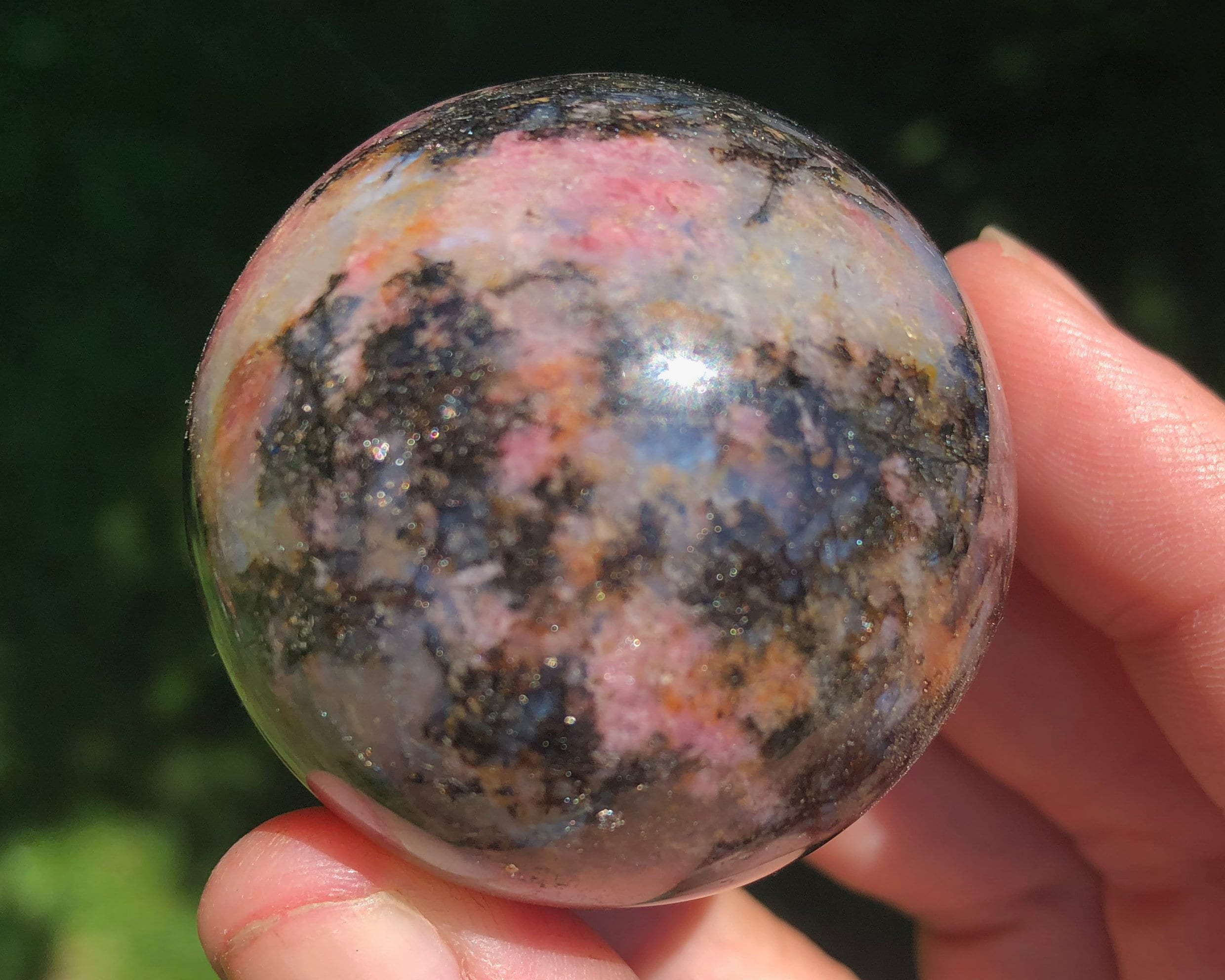 1.7" Gemmy Cherry Blossom Rhodonite Sphere With Blue Flash Crystal Ball #3
