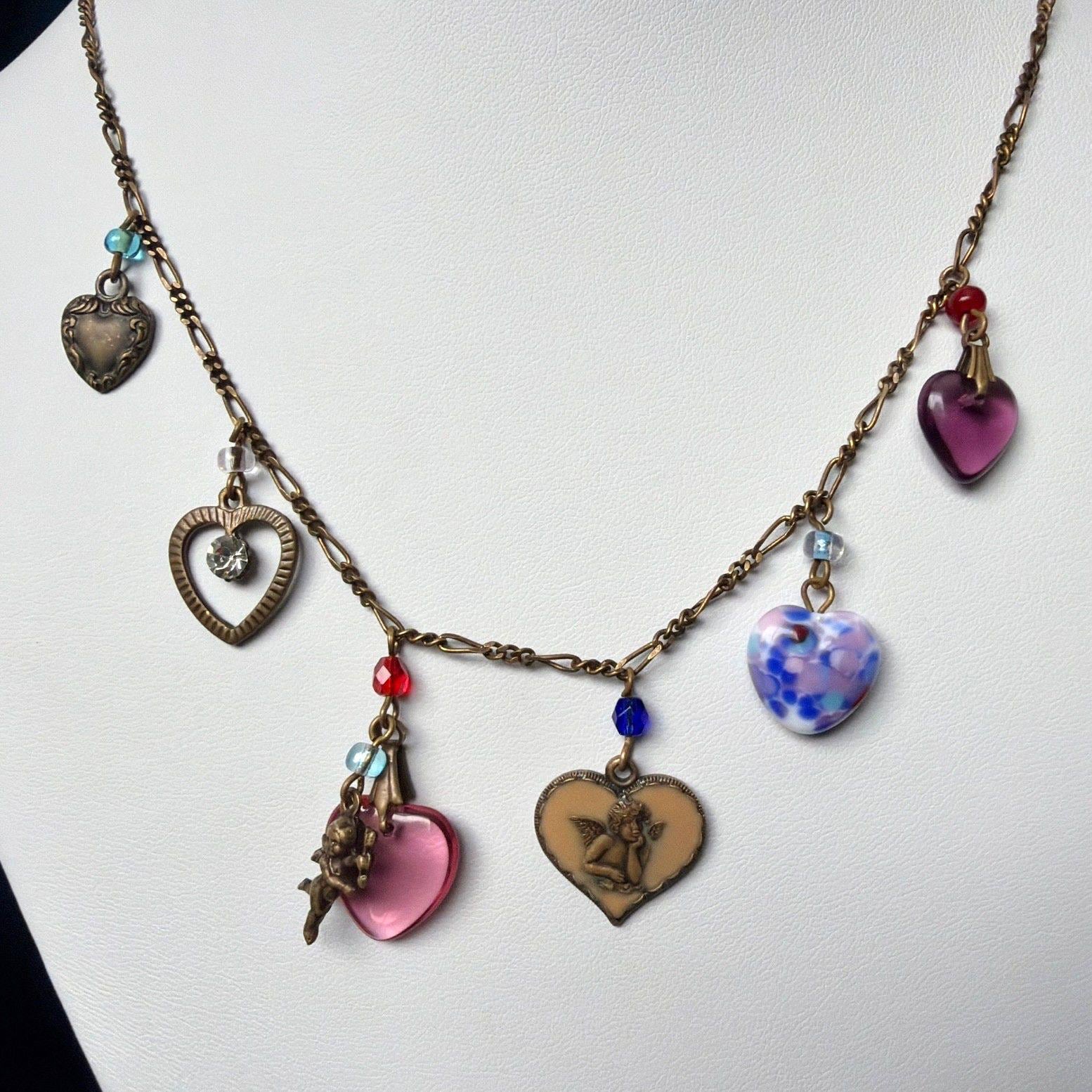 Vintage Glass Works Studio Glass & Brass Heart Charm Necklace: 20 inch Figaro Chain