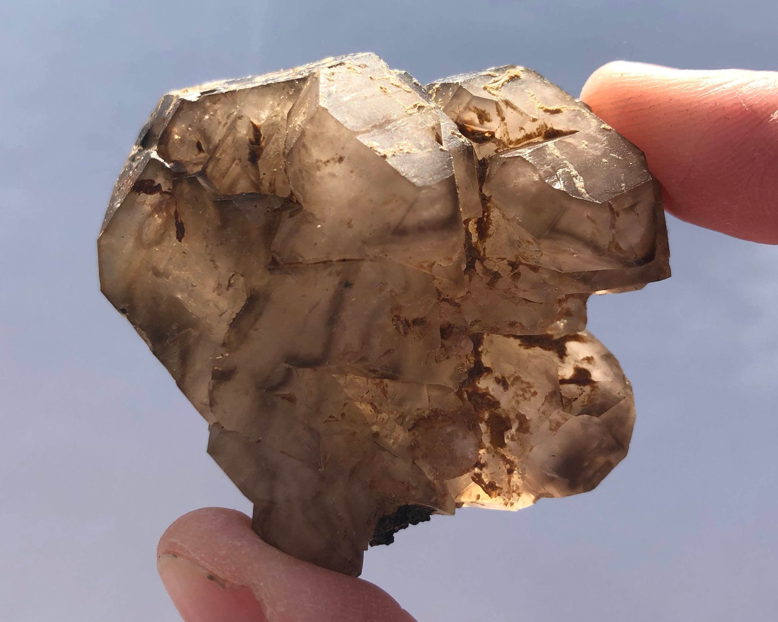 エレスチャルスモーキークォーツクリスタルクラスター、両端が尖った