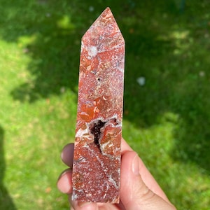 10,8 cm roter Jaspis Turm mit Druzy Quarz Taschen, polierte Spitze, stehend poliert, Geschenk für Sie, Geschenk für Freund #4