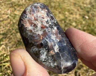 Piedra de palma de piedra solar iolita: Cristal de bolsillo de hematita inyectada en sangre n.° 1