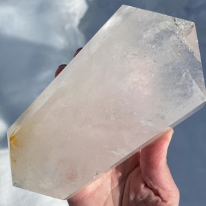 7&quot; Clear Quartz Crystal, Double Terminated Quartz Wand, Large Tabular Quartz Point, Polished with Yellow Healer Hematite, Hematoid Quartz