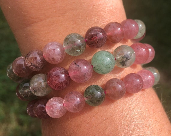 One Strawberry Quartz Bracelet Red and Green Gemstone Sparkly Red