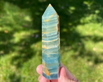 4.2" Blue Aquatine Lemurian Calcite Tower #14 Blue Onyx Point from Argentina, Polished Blue Calcite Crystal, Banded Aragonite, Home Decor