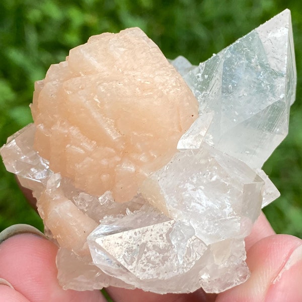 Apophyllite Crystal Cluster with Stilbite and Rainbows from India, Apophyllite Cluster, Peach Pink Stilbite Crystal, Mineral Specimen #9