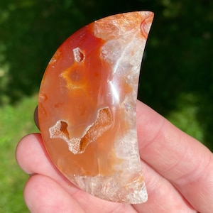 2.4&quot; Carnelian Agate Moon Cabochon, Flat Back, Crystal Crescent Phase, Gemstone Gift for Her, Red Orange White Banded Agate for Jewelry #1