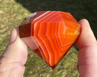 Carnelian Diamond Carving #3 Red Banded Agate, Brilliant Cut Crystal Jewel, Witchy Home Decor Accent, Crystal for Leo, Virgo Birthstone Gift